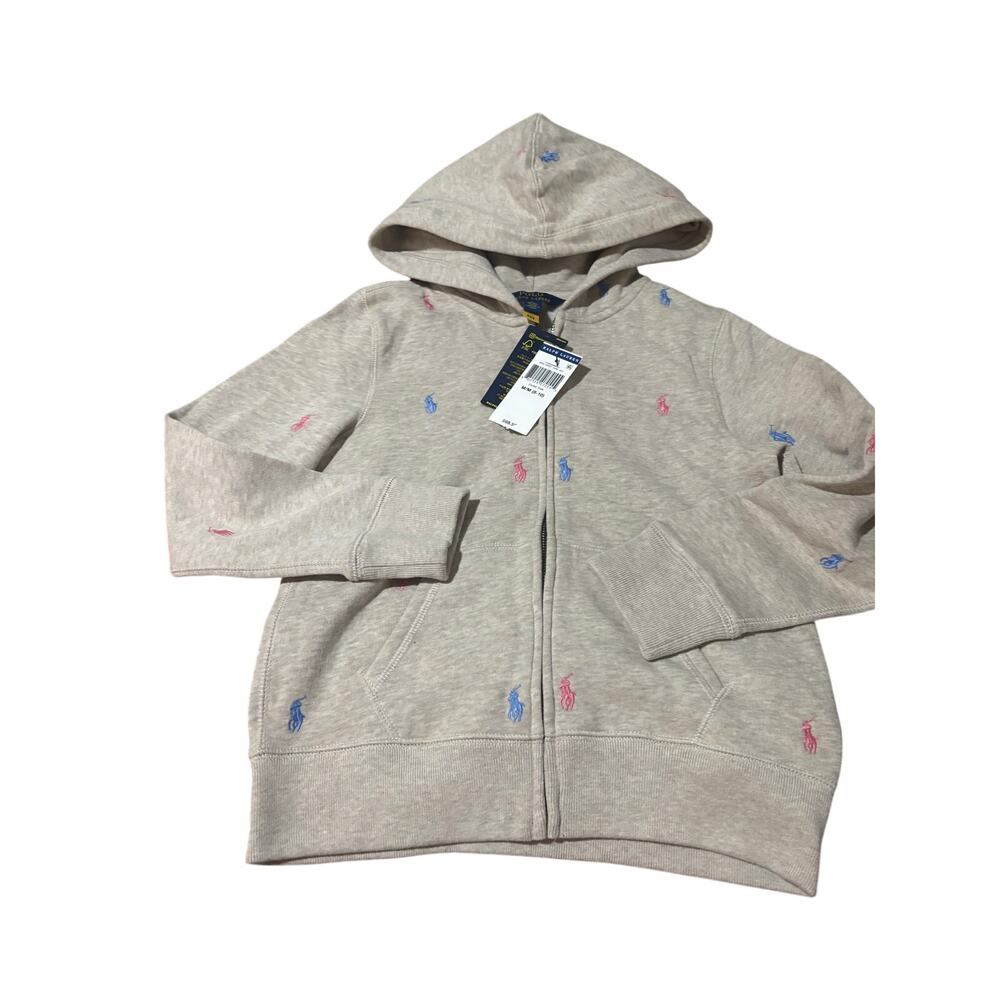 Polo Ralph Lauren M 8/10 oatmeal color hooded sweatshirt pink blue horses nwt